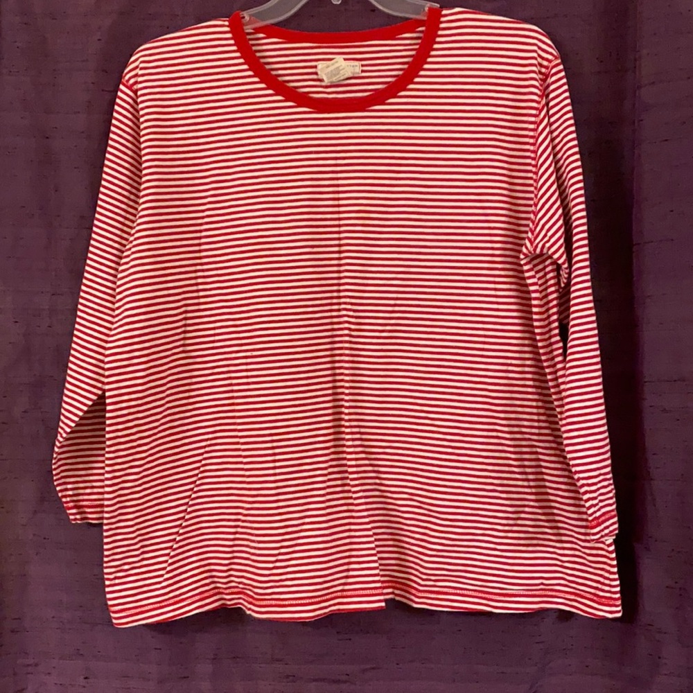 Green Cotton Red and White Striped Tee